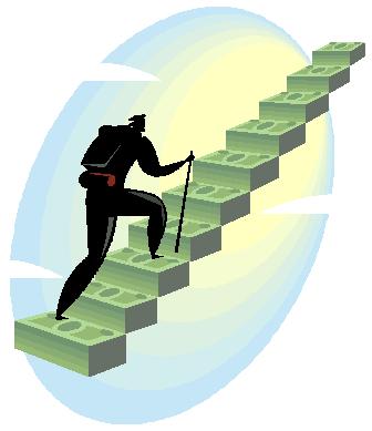 An image of a person climbing a set of steps that look like dollar bills